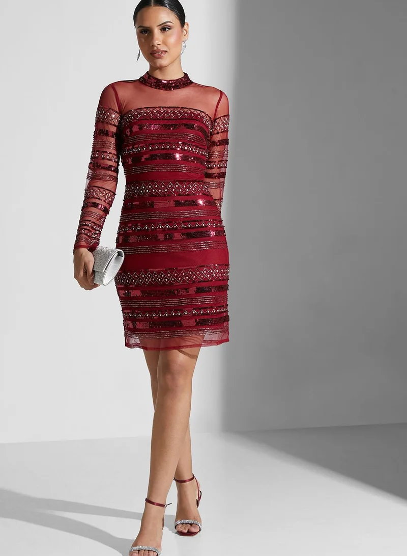 Frock and Frill Mesh Insert Sequin Detail Dress