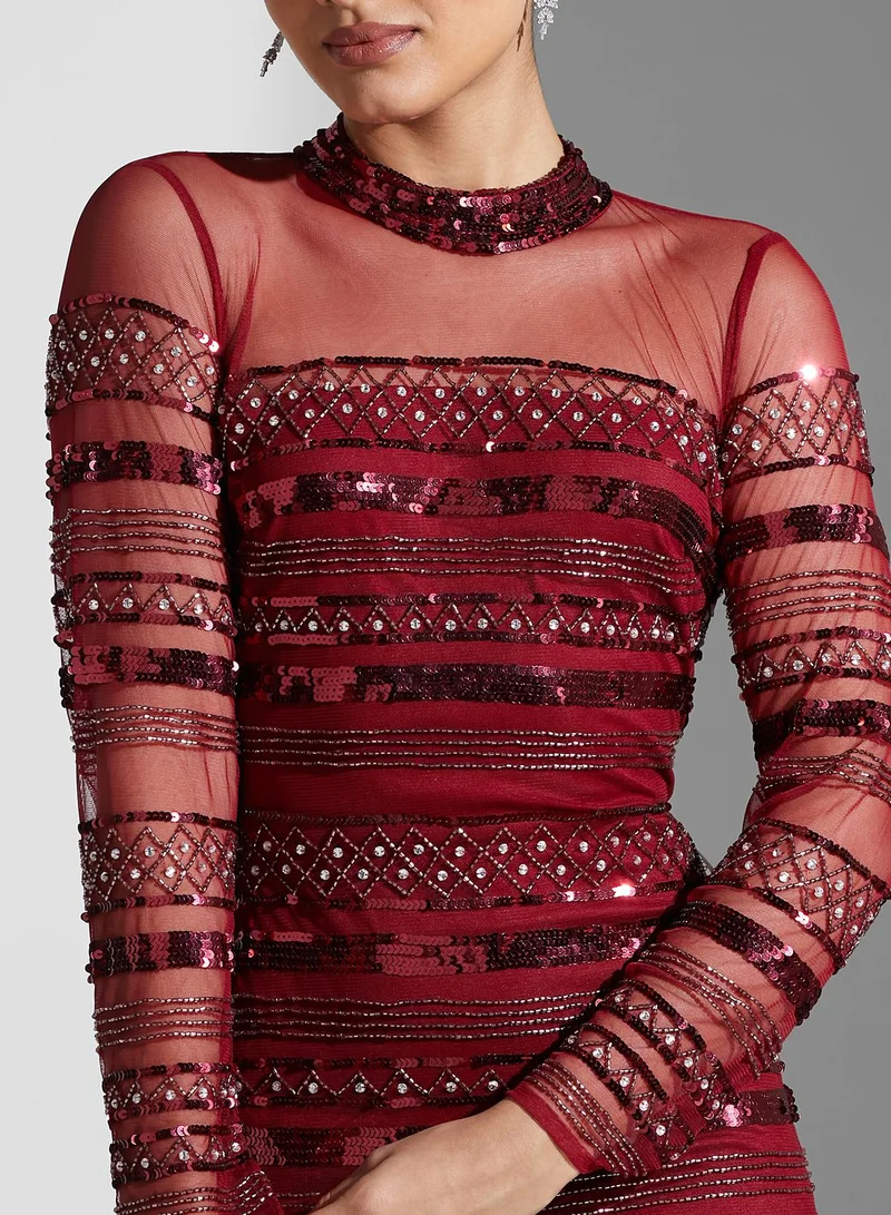Frock and Frill Mesh Insert Sequin Detail Dress