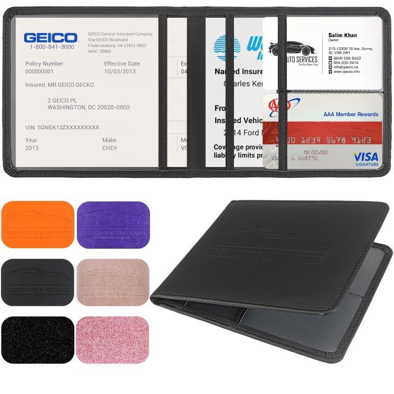 LumiMokki Car Registration and Insurance Holder, Leather Registration and Insurance Card Holder, Vehicle Glove Box Organizer - For Documents, Cards, License (Black) - Image 1