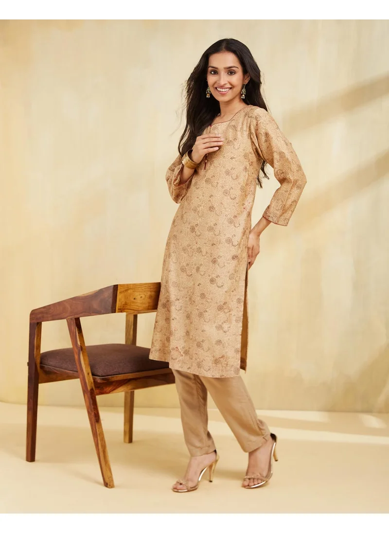 Fabindia Beige Cotton Silk Bagru Printed Knee Length Kurta