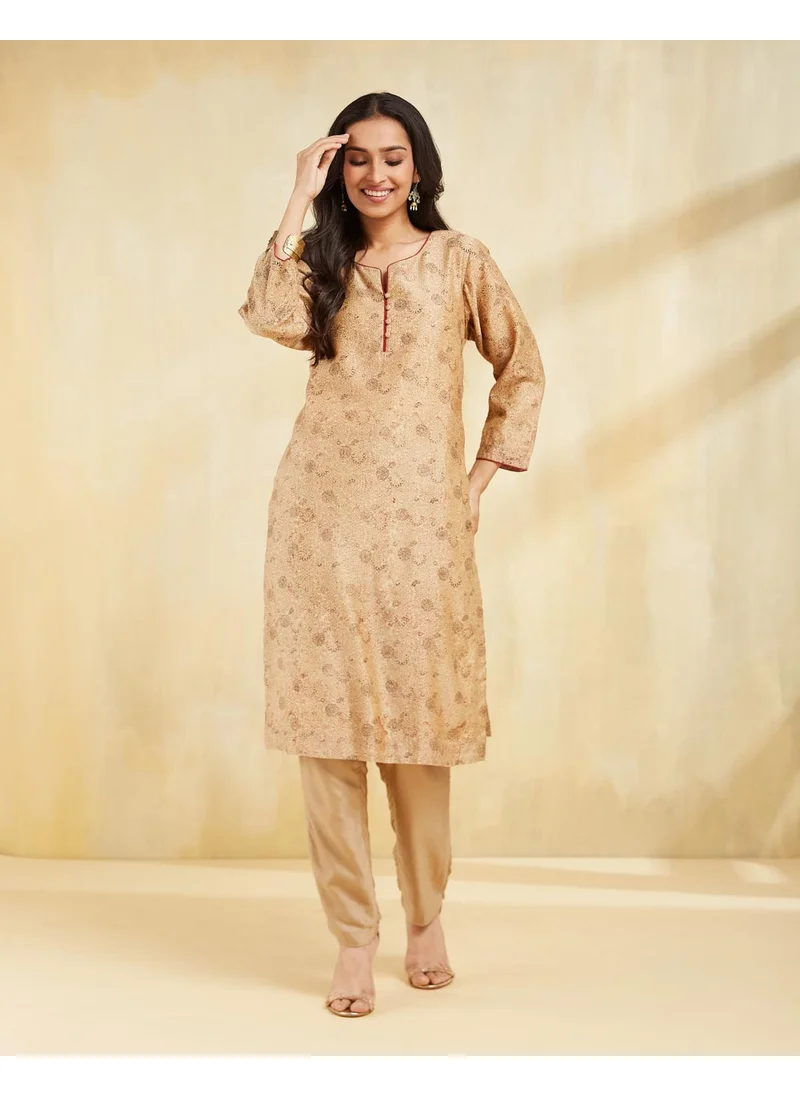 Fabindia Beige Cotton Silk Bagru Printed Knee Length Kurta
