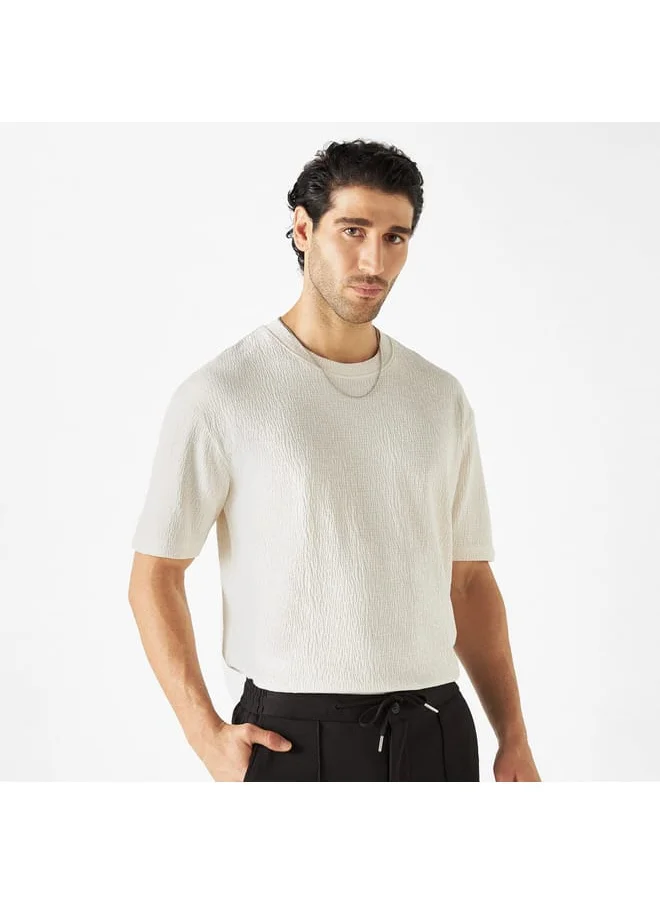 Iconic Iconic Textured Crew Neck T-shirt with Short Sleeves