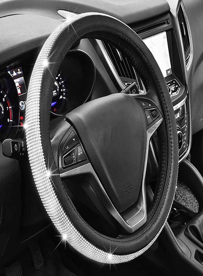 acdiac Full Sparkly Rhinestone car Steering Wheel Cover Universal Leather Steering Wheel Cover Auto Car Styling Interior Decor Accessories (Black leather+White diamond) - Image 1