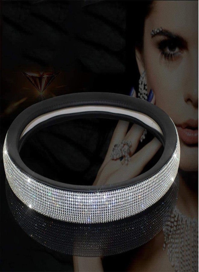 acdiac Full Sparkly Rhinestone car Steering Wheel Cover Universal Leather Steering Wheel Cover Auto Car Styling Interior Decor Accessories (Black leather+White diamond) - Image 4