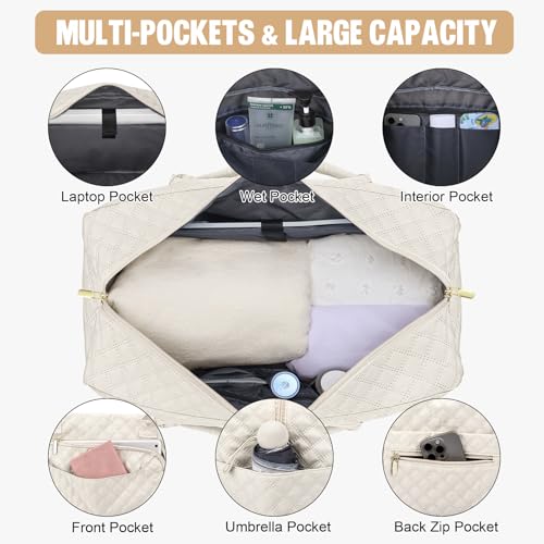 Attmu Extra Large Travel Duffel Bag, Weekender Bags for Women with Shoe Compartment, Personal Item Travel Bag with Wet Pocket for Carry On Overnight, Gym, Airplanes and Hospital Bag Beige - Image 3