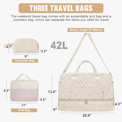 Attmu Extra Large Travel Duffel Bag, Weekender Bags for Women with Shoe Compartment, Personal Item Travel Bag with Wet Pocket for Carry On Overnight, Gym, Airplanes and Hospital Bag Beige - Image 2