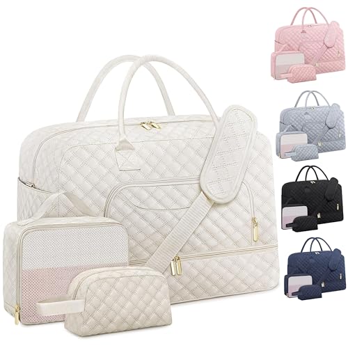 Attmu Extra Large Travel Duffel Bag, Weekender Bags for Women with Shoe Compartment, Personal Item Travel Bag with Wet Pocket for Carry On Overnight, Gym, Airplanes and Hospital Bag Beige - Image 1