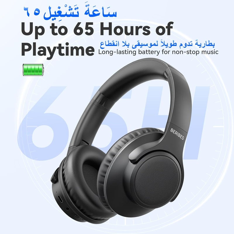 BERIBES Wireless Headphones Over-Ear, 65H Playtime Foldable Headset with Microphone, Bluetooth 6.0, Deep Bass Stereo Sound, Soft Protein Earpads for Travel Work Phone PC, Black - Image 2