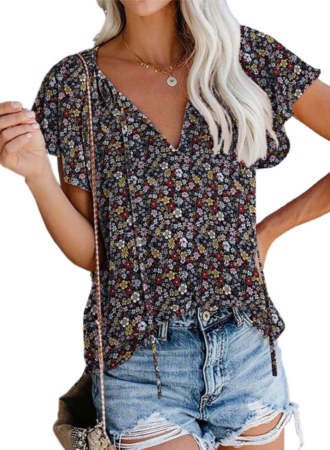 SimpleFun Women's Boho Tops Floral V Neck Short Sleeve Summer Blouse Shirts, Black Floral, XXL - Image 1