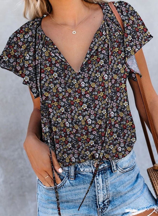 SimpleFun Women's Boho Tops Floral V Neck Short Sleeve Summer Blouse Shirts, Black Floral, XXL - Image 2