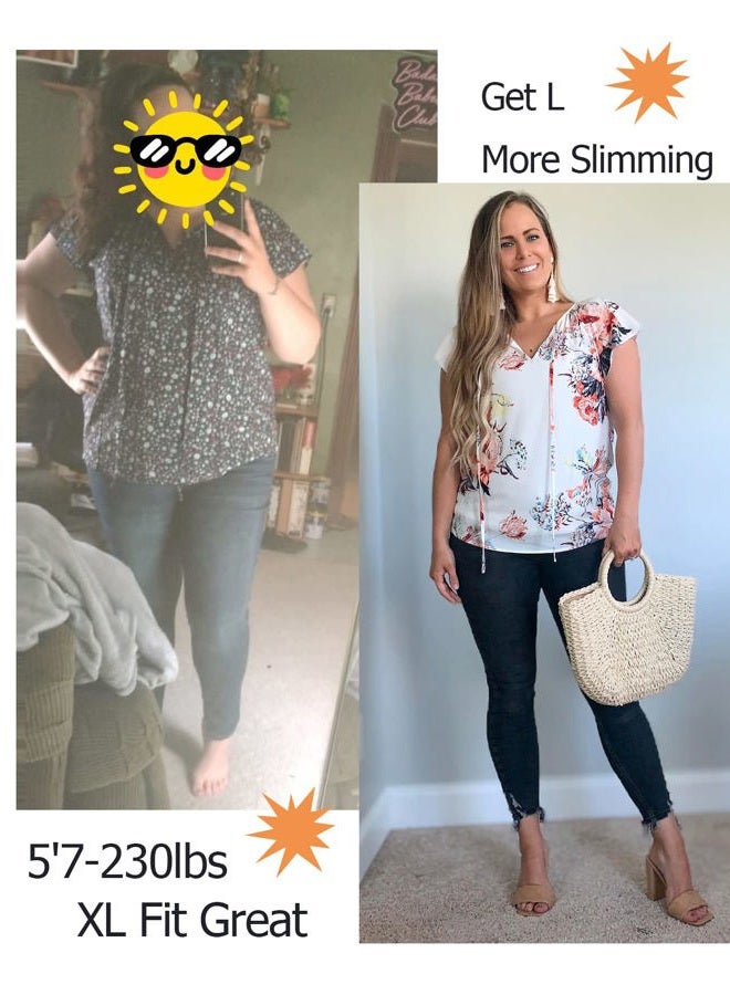 SimpleFun Women's Boho Tops Floral V Neck Short Sleeve Summer Blouse Shirts, Black Floral, XXL - Image 5