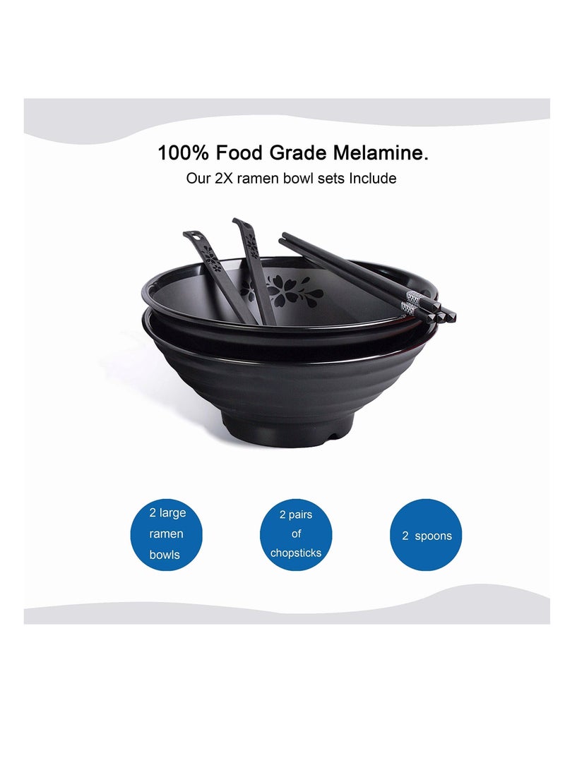 واي آند دي Melamine Ramen Bowl Set, 41oz Japanese Style Soup Bowls with Chopsticks and Spoons, for Noodles,Soba, Udon, 2 Sets (8.8 inch,Black) - Image 3