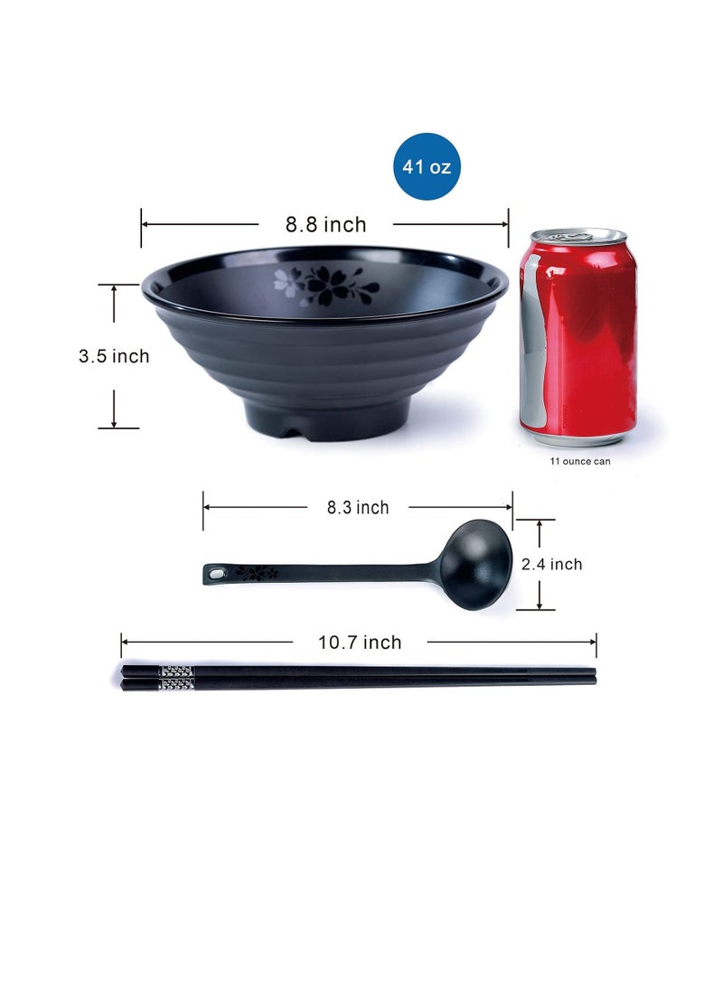 واي آند دي Melamine Ramen Bowl Set, 41oz Japanese Style Soup Bowls with Chopsticks and Spoons, for Noodles,Soba, Udon, 2 Sets (8.8 inch,Black) - Image 4