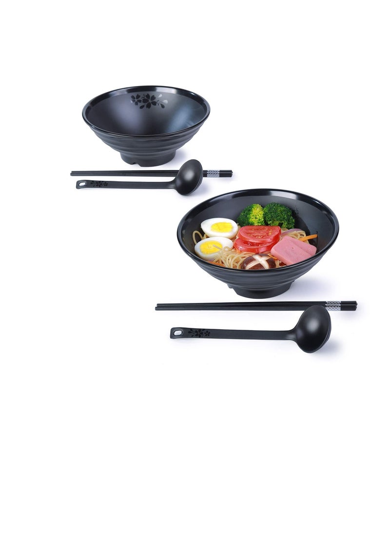 واي آند دي Melamine Ramen Bowl Set, 41oz Japanese Style Soup Bowls with Chopsticks and Spoons, for Noodles,Soba, Udon, 2 Sets (8.8 inch,Black) - Image 1
