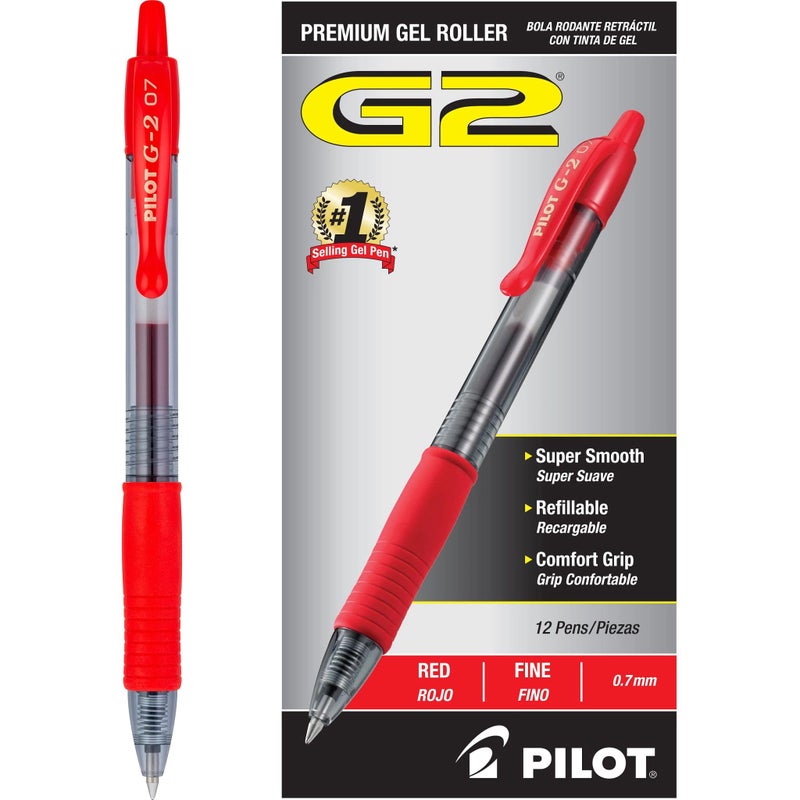 Pilot, G2 Premium Gel Roller Pens, Fine Point 0.7 mm, Red, Pack of 12 - Image 1