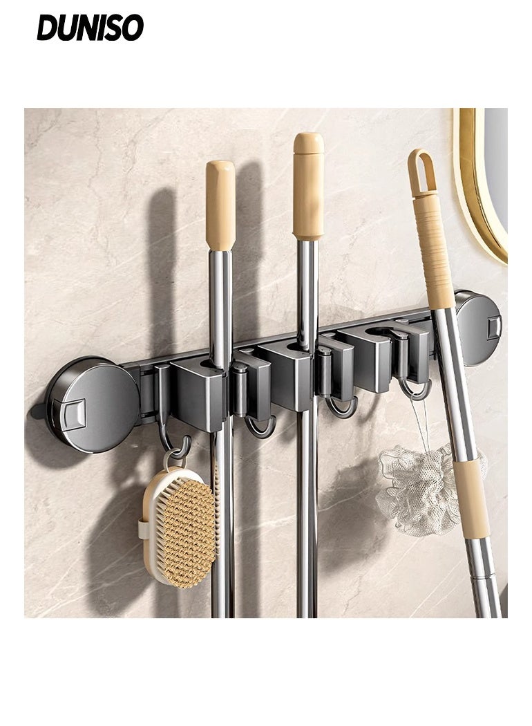 DUNISO Mop and Broom Holder Wall Mount，Broom Hanger Suction cup With 3 Slots & 4 Hooks，Wall Mounted Garden Tool Organizer，No Punching Required，Sturdy and Durable，for Closet Garage Laundry Room Kitchen Decor - Image 1