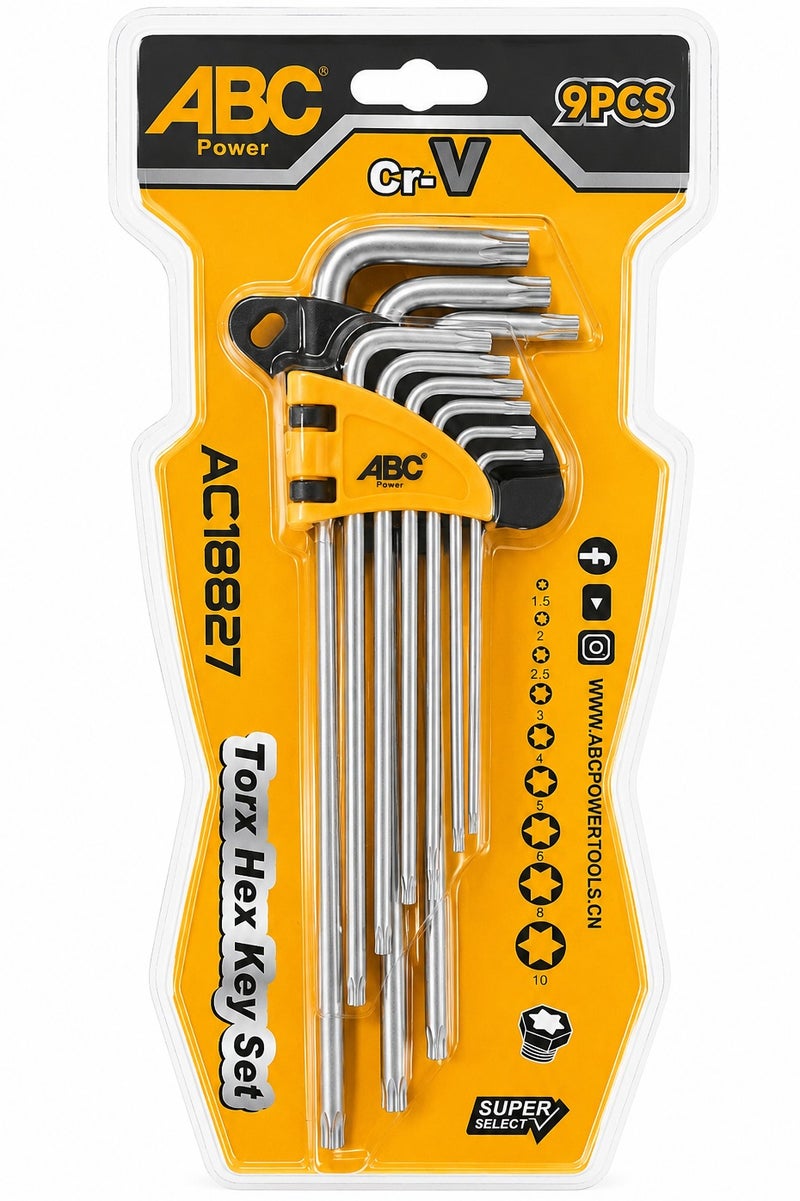 اي بي سي طقم مفاتيح "توركس" (Torx) مكون من 9 قطع؛ يتميز بقدرة على العمل بزوايا تصل إلى 25 درجة بكل سهولة، ومصنوع من فولاذ الكروم والفاناديوم (Cr-V) المتين والمقاوم للصدأ والتآكل. يأتي بتصميم على شكل حرف L يضمن لك السهولة والدقة حتى عند العمل في أصعب الزوايا. - Image 2