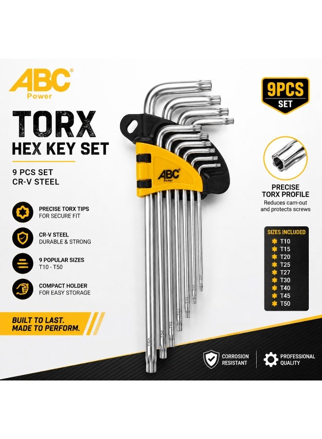 اي بي سي طقم مفاتيح "توركس" (Torx) مكون من 9 قطع؛ يتميز بقدرة على العمل بزوايا تصل إلى 25 درجة بكل سهولة، ومصنوع من فولاذ الكروم والفاناديوم (Cr-V) المتين والمقاوم للصدأ والتآكل. يأتي بتصميم على شكل حرف L يضمن لك السهولة والدقة حتى عند العمل في أصعب الزوايا. - Image 3