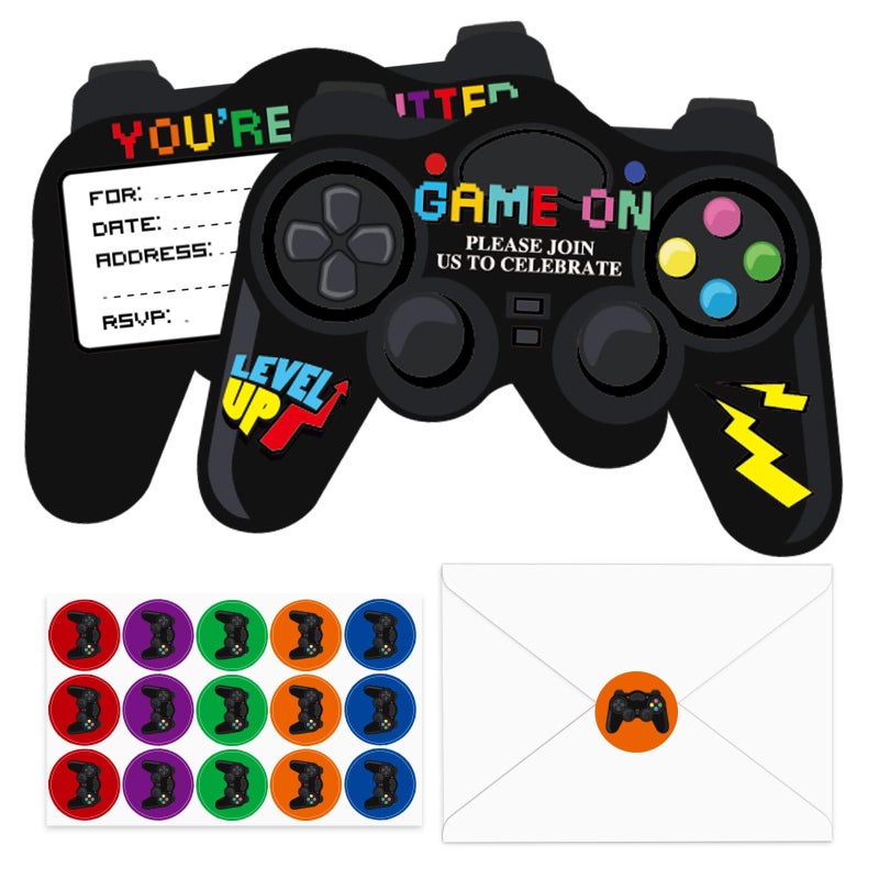 Tevxj 90 Pcs Video Game Birthday Party Invitations Cards with Envelopes Video Game Party Supplies Fill In Birthday Invite Cards Stickers for Kids Boys Girls Lovers Decorations Favor