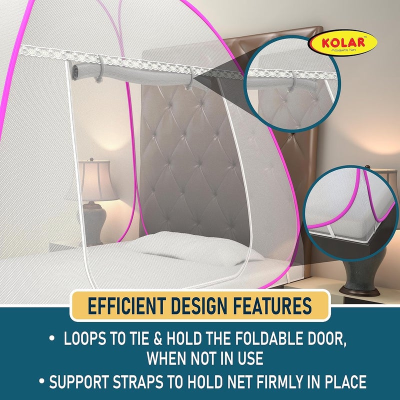KOLAR Supreme On Mosquito Net for Single BedPolyester 30 GSMFoldable Machardani Strong and DurableTent Type Corrosion Resistant White Pink - Image 4