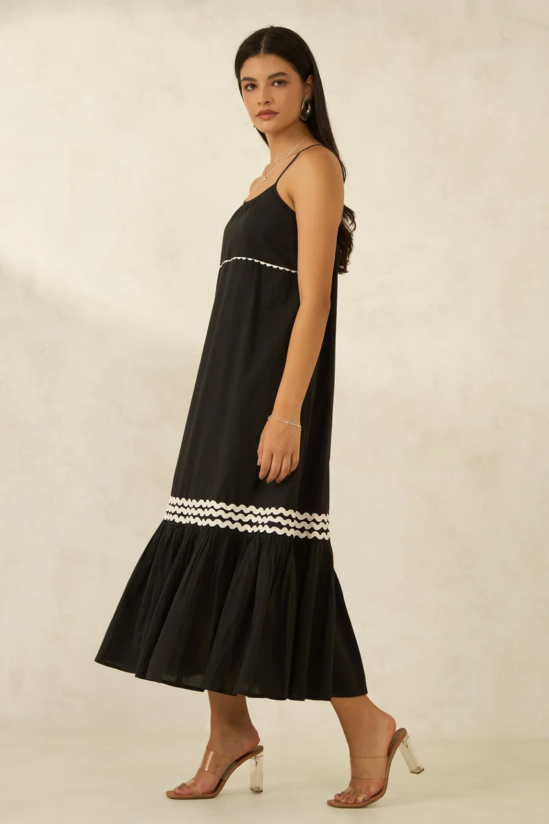 فيرجيو Solid Cotton Ric-Rac Lace Tiered Maxi Dress for Women