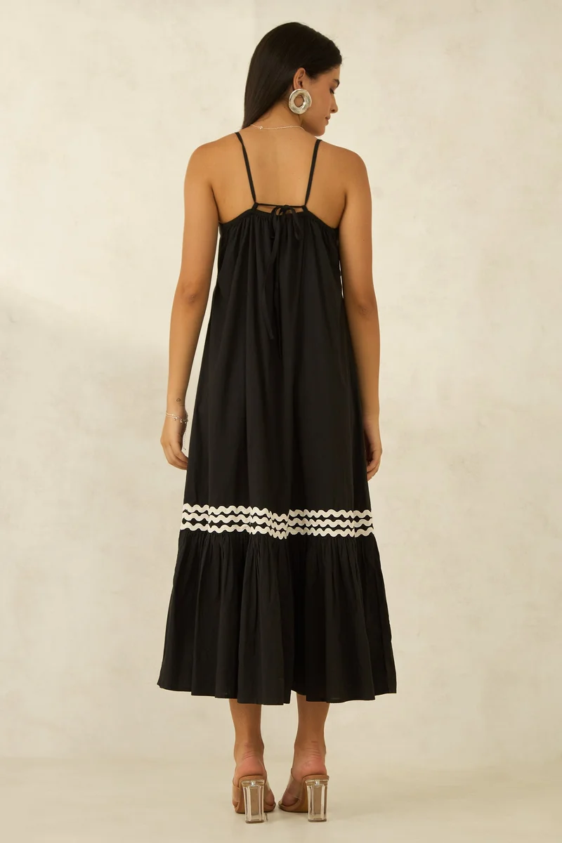 Virgio  Solid Cotton Ric-Rac Lace Tiered Maxi Dress for Women for Women | Best Price UAE
