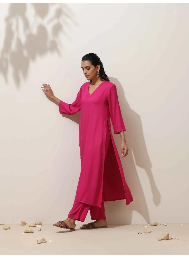 trueBrowns Pink Viscose Kurta Pant Set - Image 3