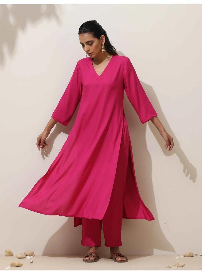 trueBrowns Pink Viscose Kurta Pant Set - Image 1