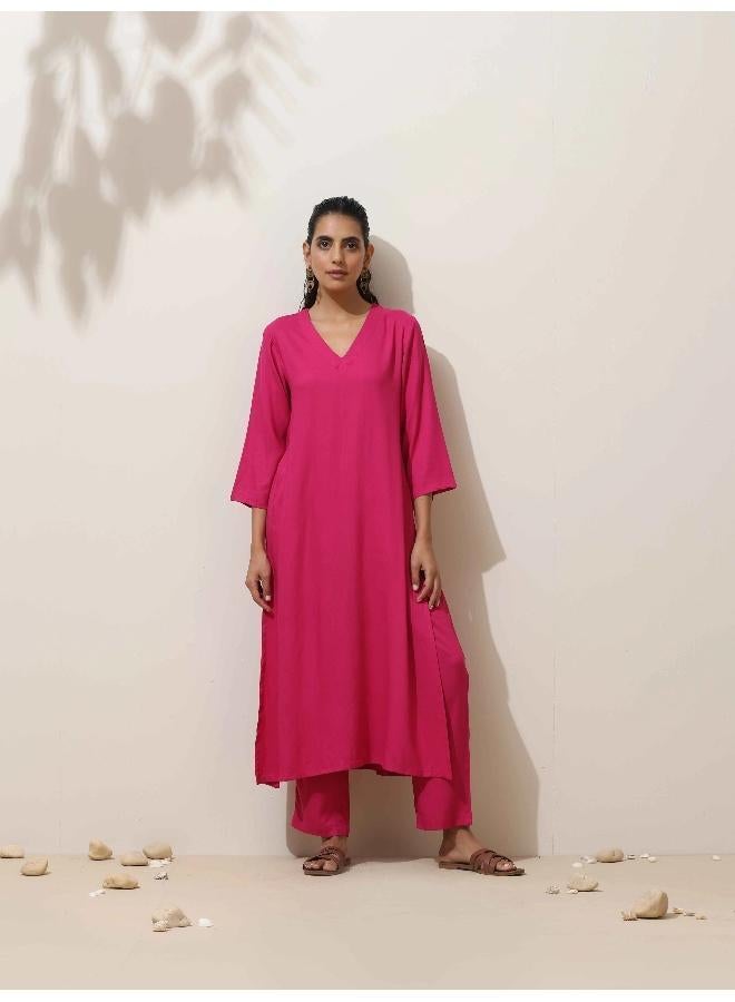 trueBrowns Pink Viscose Kurta Pant Set - Image 2