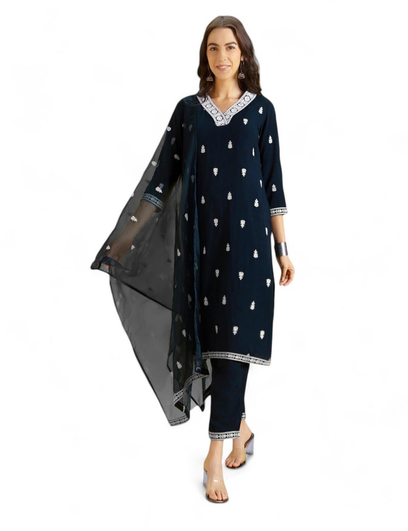 Kaari Women's Embroidered Kurta Set with Dupatta - Straight Fit | Embroidered Neck-line | Organza Dupatta with all-over Booti Work & Lace Hem | Straight Pant with Side Pocket | Kurta Set For Women - Image 3