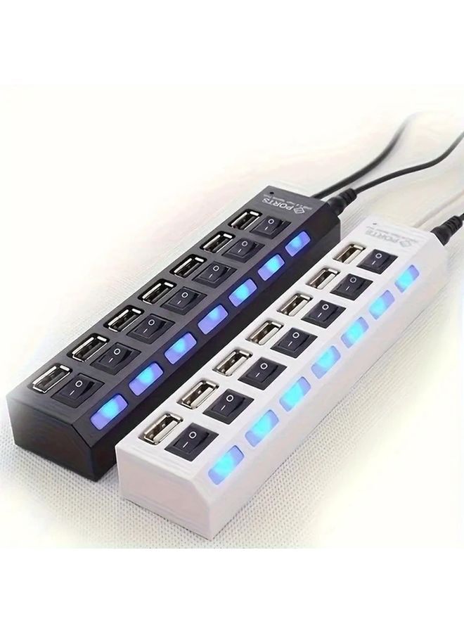 White 7 Port USB 2 0 Hub with Power Adapter and Switch for Laptop PC Peripherals - Image 1