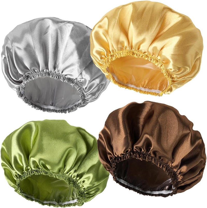 CHFONG 4 PCS Shower Cap for Women, Elastic and Reusable Bath Caps, Double Layers Shower Caps Reusable Waterproof, Bathing Shower Caps, Environmental Bath Hair Protection Cap -Gold+Green+Silver Gray+Brown - Image 1