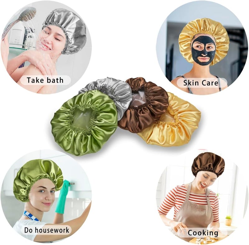 CHFONG 4 PCS Shower Cap for Women, Elastic and Reusable Bath Caps, Double Layers Shower Caps Reusable Waterproof, Bathing Shower Caps, Environmental Bath Hair Protection Cap -Gold+Green+Silver Gray+Brown - Image 5
