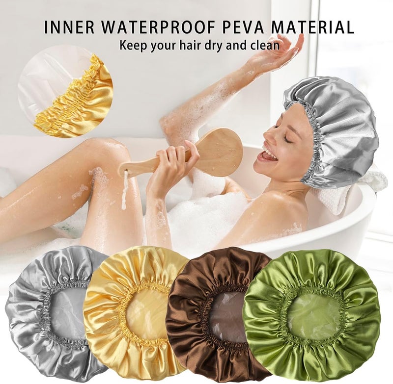 CHFONG 4 PCS Shower Cap for Women, Elastic and Reusable Bath Caps, Double Layers Shower Caps Reusable Waterproof, Bathing Shower Caps, Environmental Bath Hair Protection Cap -Gold+Green+Silver Gray+Brown - Image 3