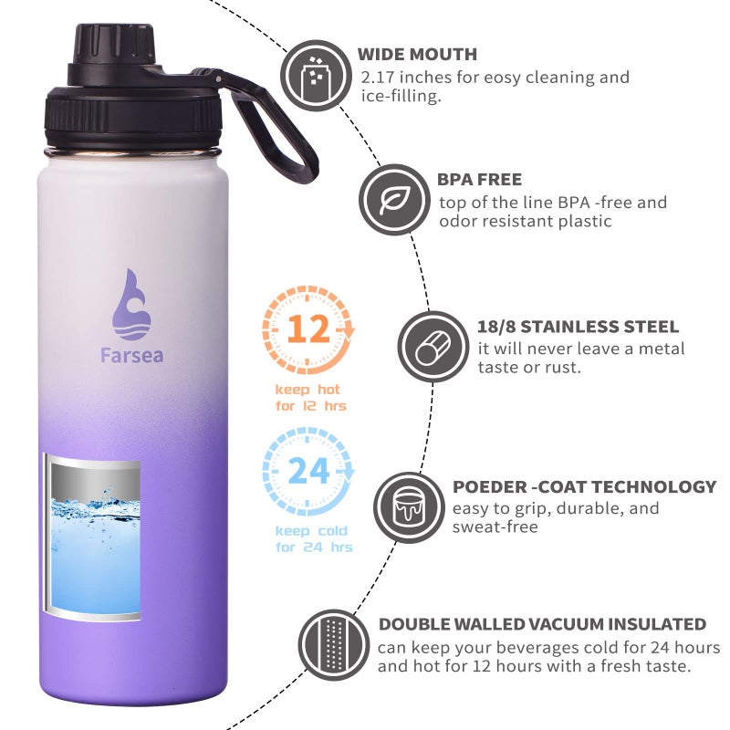 Farsea Insulated Water Bottle With Paracord Handle  Protective Silicone Boot and 2 Lids (Straw Lid & Spout Lid)  Stainless Steel Water Bottle Wide Mouth  Double Wall Sweat-Proof BPA-Free  24 oz - Image 2
