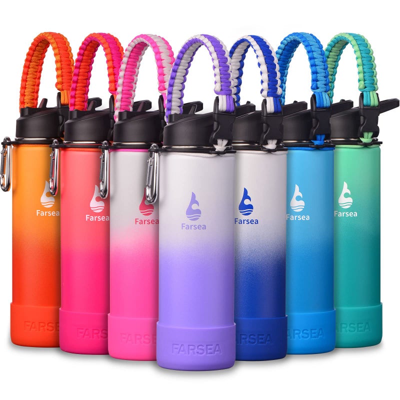 Farsea Insulated Water Bottle With Paracord Handle  Protective Silicone Boot and 2 Lids (Straw Lid & Spout Lid)  Stainless Steel Water Bottle Wide Mouth  Double Wall Sweat-Proof BPA-Free  24 oz - Image 1