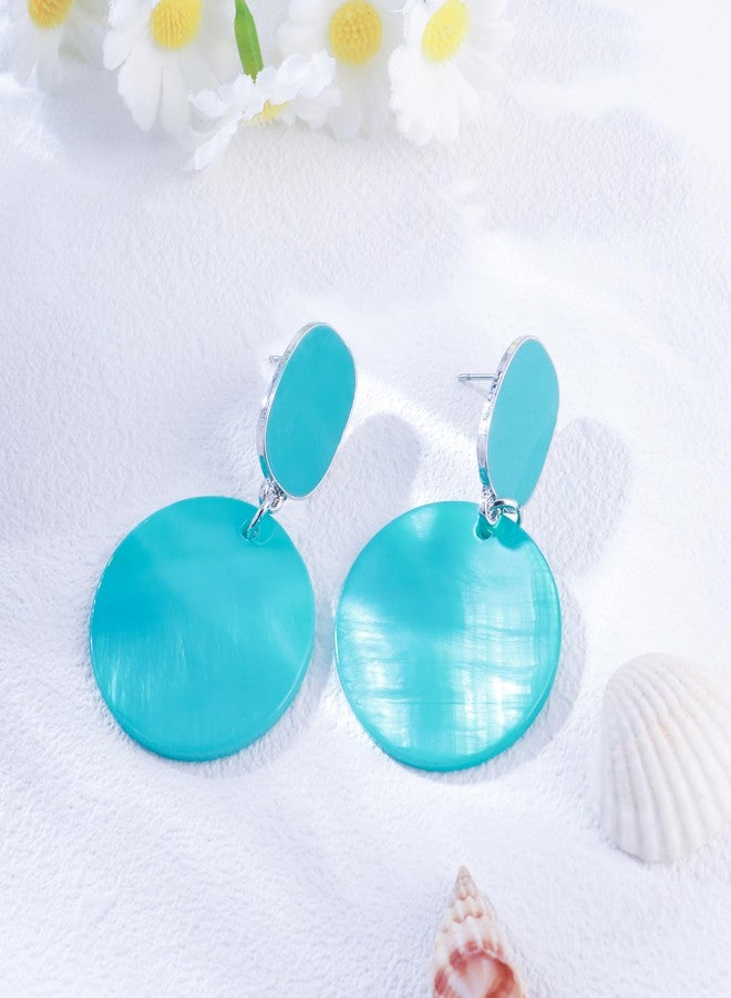 Xalroco Round Circle Sea Shell Drop Earrings for Women Bohemian Statement Hypoallergenic Stud Dangle Earrings (Aqua blue) - Image 2