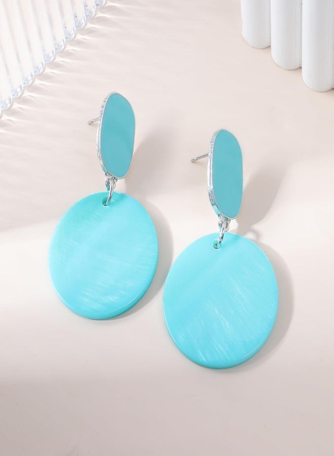 Xalroco Round Circle Sea Shell Drop Earrings for Women Bohemian Statement Hypoallergenic Stud Dangle Earrings (Aqua blue) - Image 3