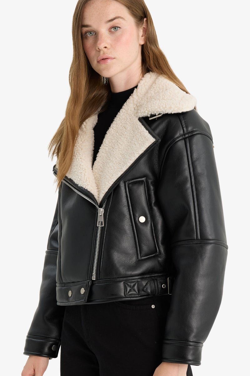 DeFacto Black Woman Oversize Fit Faux Fur Lined Faux Leather Jacket Casual - Image 1