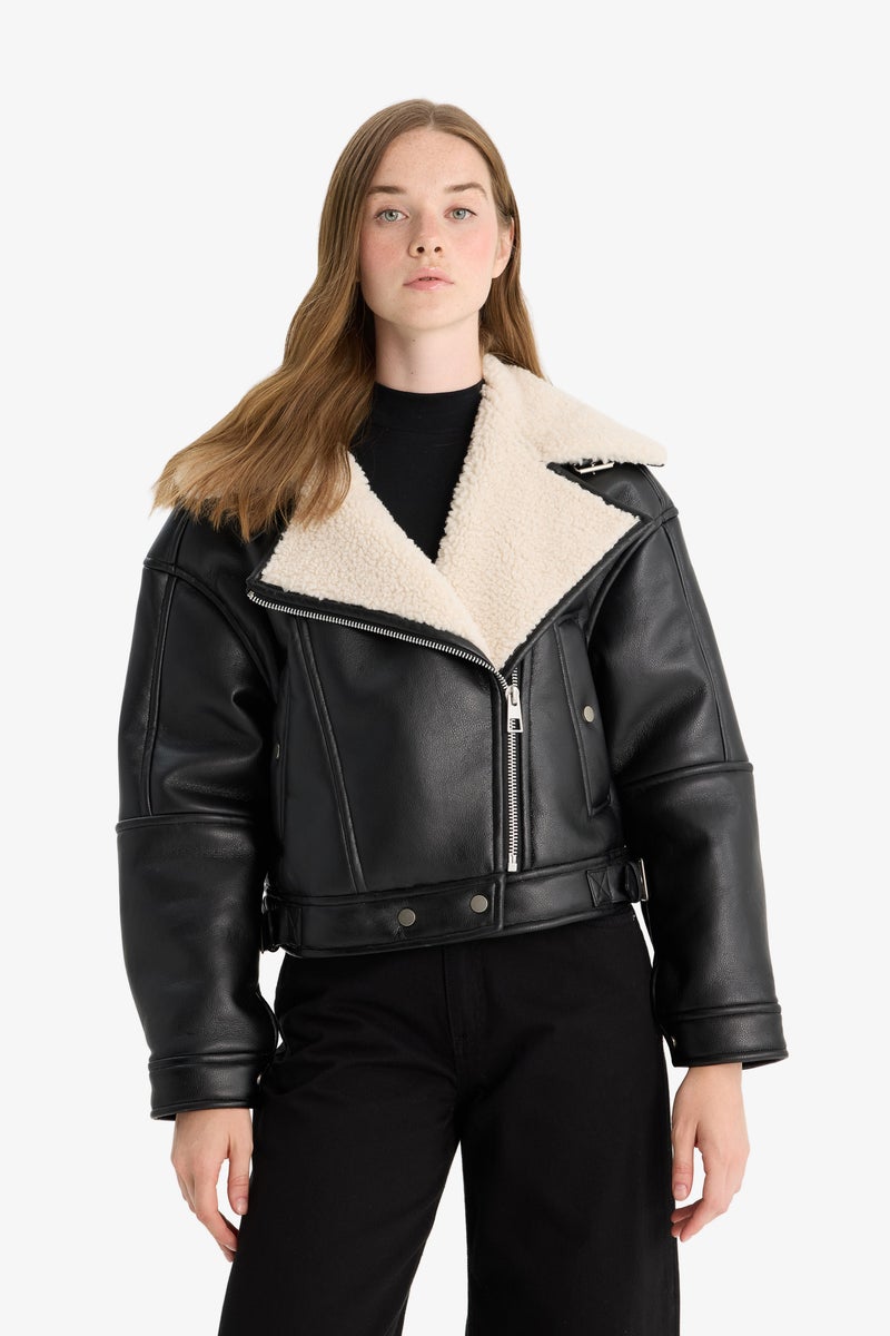 DeFacto Black Woman Oversize Fit Faux Fur Lined Faux Leather Jacket Casual - Image 3