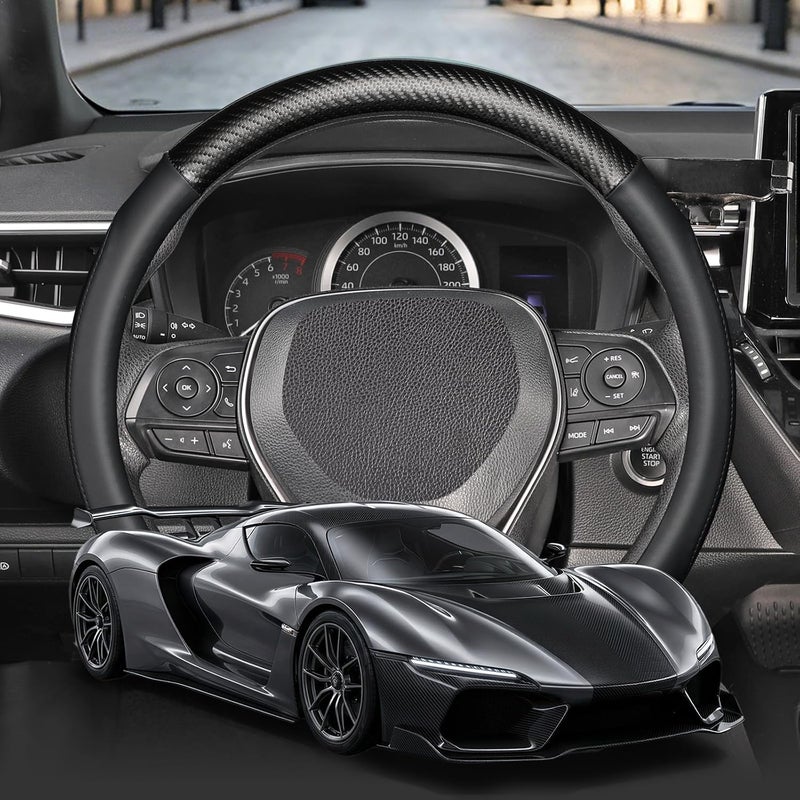 SEG Direct Car Steering Wheel Cover Standard Medium Size 14 1/2-15 inch, Non-Folding Packaging, Heavy Duty, Non-Slip, Black Microfiber Leather with Carbon Fiber Pattern - Image 2