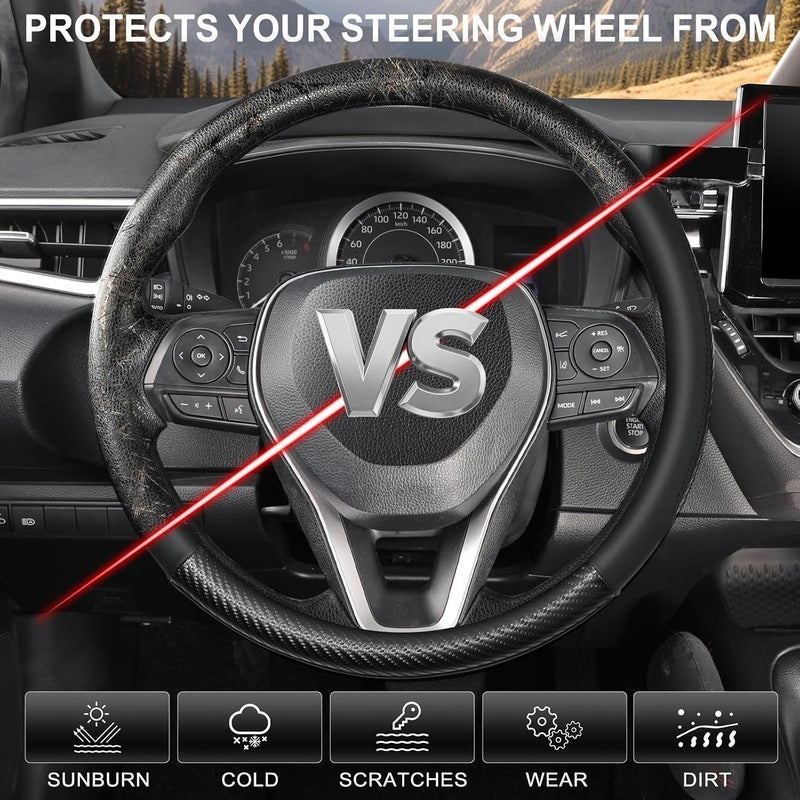 SEG Direct Car Steering Wheel Cover Standard Medium Size 14 1/2-15 inch, Non-Folding Packaging, Heavy Duty, Non-Slip, Black Microfiber Leather with Carbon Fiber Pattern - Image 4