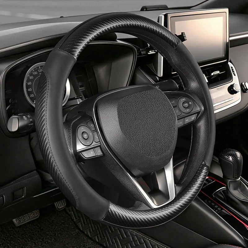 SEG Direct Car Steering Wheel Cover Standard Medium Size 14 1/2-15 inch, Non-Folding Packaging, Heavy Duty, Non-Slip, Black Microfiber Leather with Carbon Fiber Pattern - Image 1
