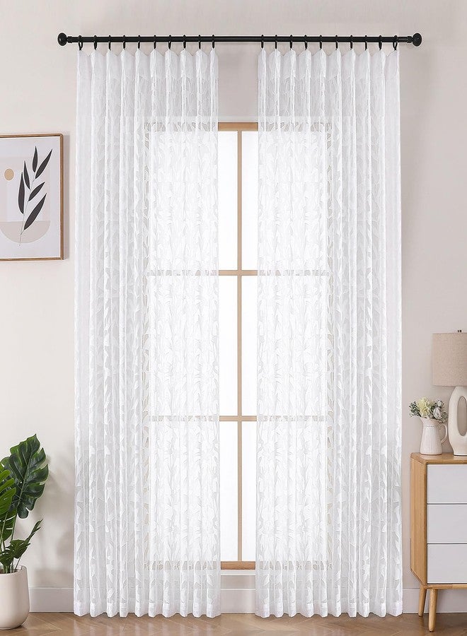 Lecloud Extra Wide Pinch Pleated White Sheer Curtains 84 Inches Long 2 Panels for Large Window, Jacquard Textured 60 Inch Wide Drapes for Patio Sliding Glass Door Hooks Rings Back Tab, 60" W x 84" L - Image 1