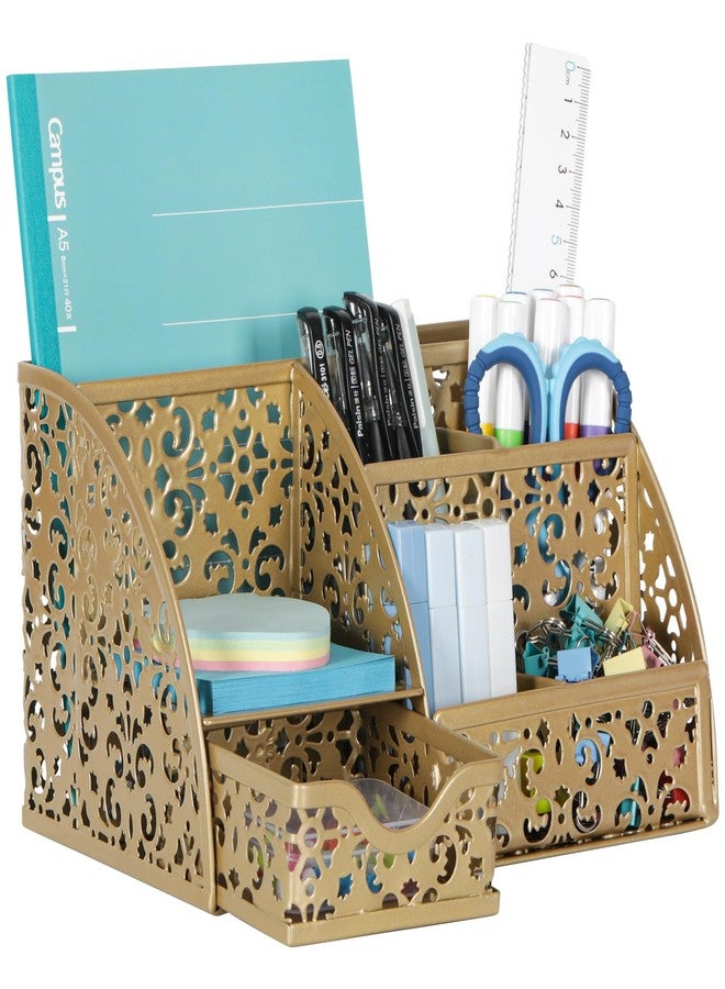 EasyPAG Desk Organizer and Pen Holder for Desk, Mesh Office Supplies Storage Caddy with Drawer for Small Space, Desktop Organizer for Home Office, Gold - Image 1