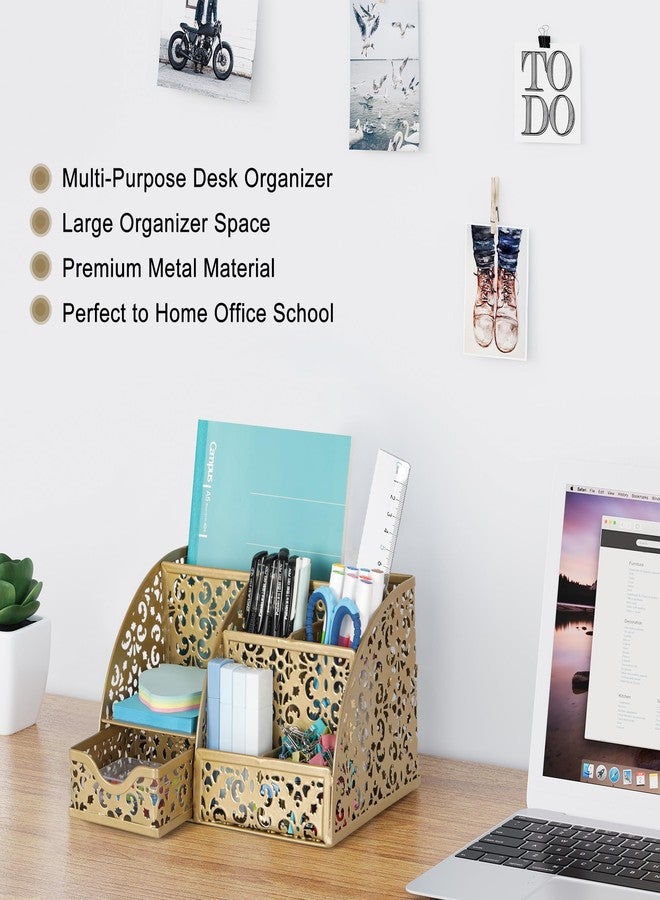 EasyPAG Desk Organizer and Pen Holder for Desk, Mesh Office Supplies Storage Caddy with Drawer for Small Space, Desktop Organizer for Home Office, Gold - Image 2