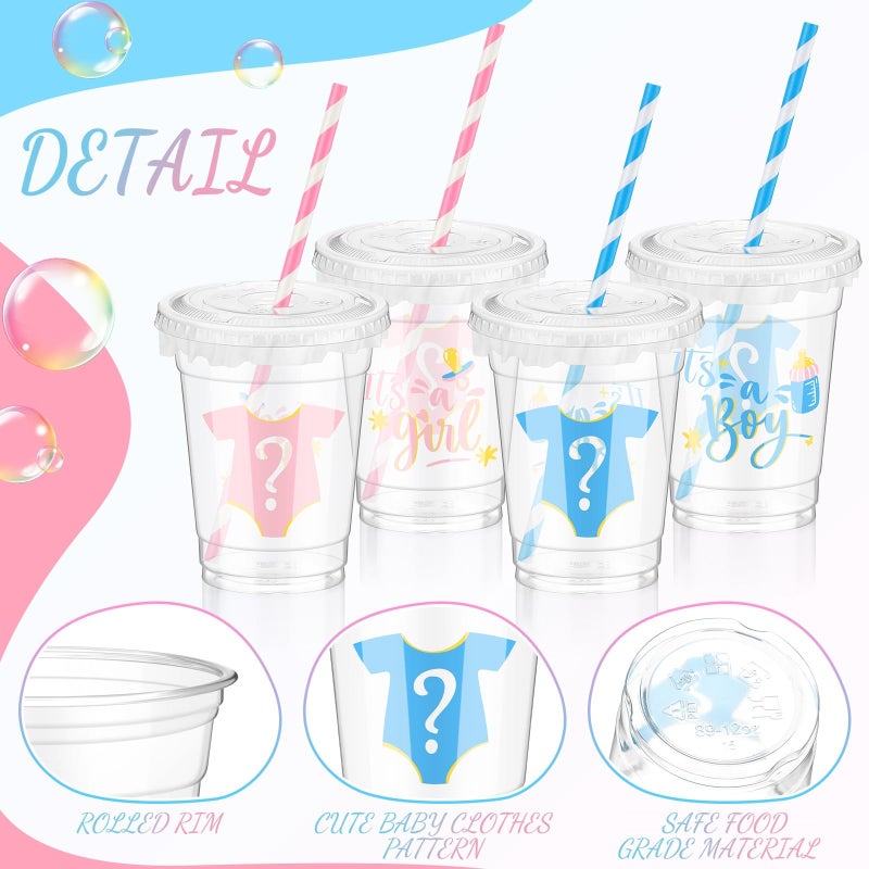 FoldTier 50 Pcs Gender Reveal Cups Gender Reveal Party Supplies 12 oz Party Plastic Cups Boy or Girl Transparent Cup with Lids Straws Blue and Pink Baby Shower Decorations It's a Boy or It's a Girl - Image 2