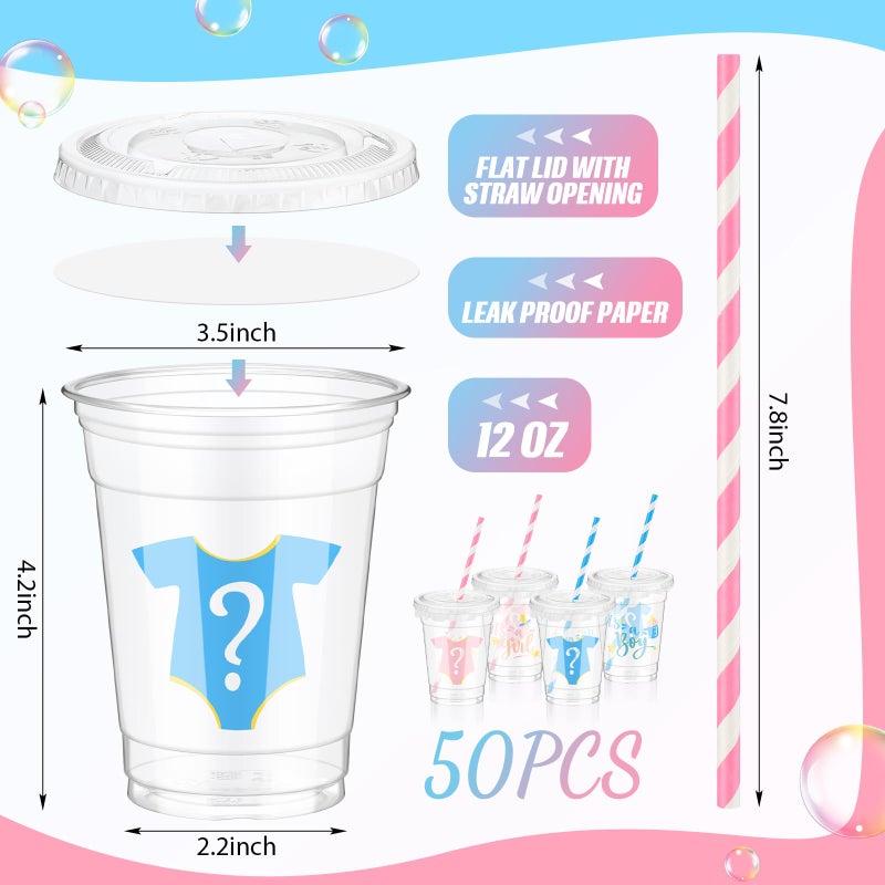 FoldTier 50 Pcs Gender Reveal Cups Gender Reveal Party Supplies 12 oz Party Plastic Cups Boy or Girl Transparent Cup with Lids Straws Blue and Pink Baby Shower Decorations It's a Boy or It's a Girl - Image 3
