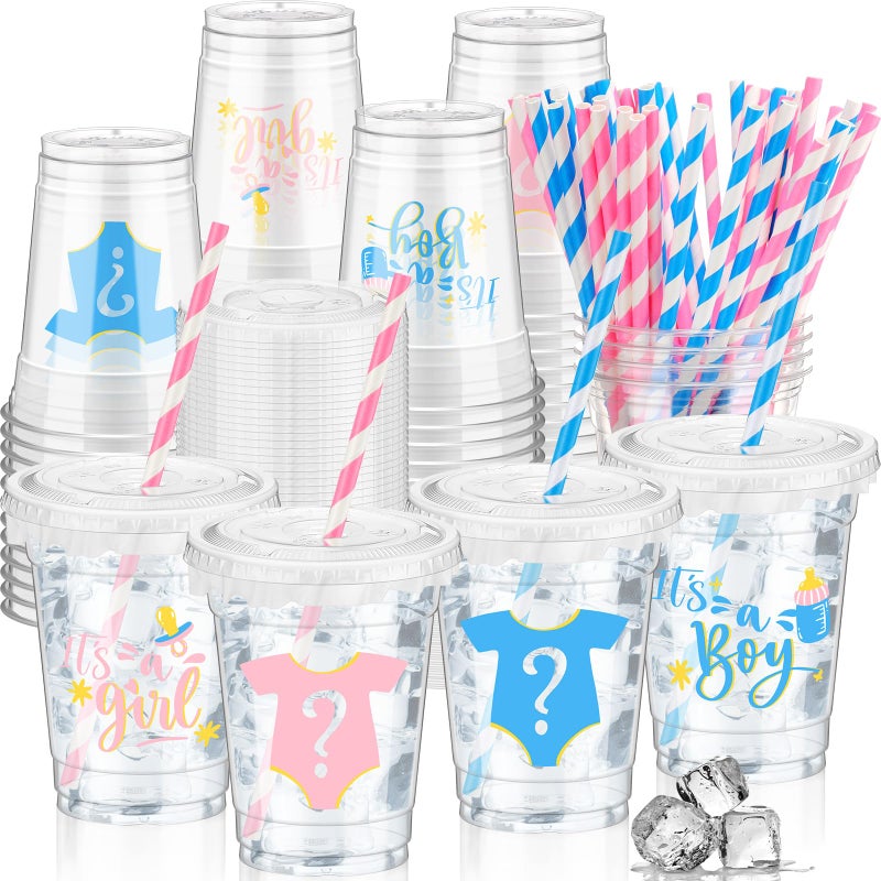 FoldTier 50 Pcs Gender Reveal Cups Gender Reveal Party Supplies 12 oz Party Plastic Cups Boy or Girl Transparent Cup with Lids Straws Blue and Pink Baby Shower Decorations It's a Boy or It's a Girl - Image 1