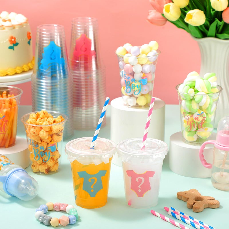 FoldTier 50 Pcs Gender Reveal Cups Gender Reveal Party Supplies 12 oz Party Plastic Cups Boy or Girl Transparent Cup with Lids Straws Blue and Pink Baby Shower Decorations It's a Boy or It's a Girl - Image 4
